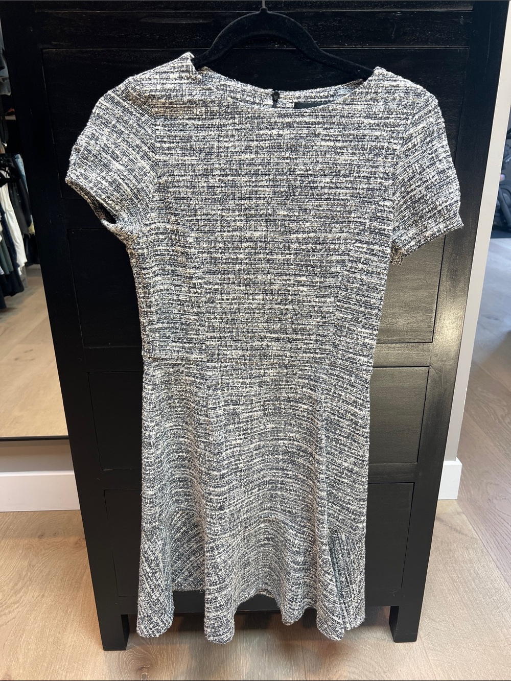 Women's Short Sleeve Tweed-Texture Fit & Flare Dress in Black and White